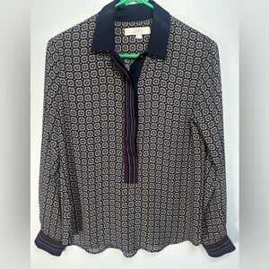 LOFT Geometric Navy, white, and Burgundy Blouse Retro print size Small.